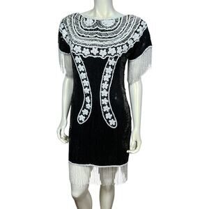 Vintage Channa Black Silk Beaded Sequin Fringe Flapper Dress Small